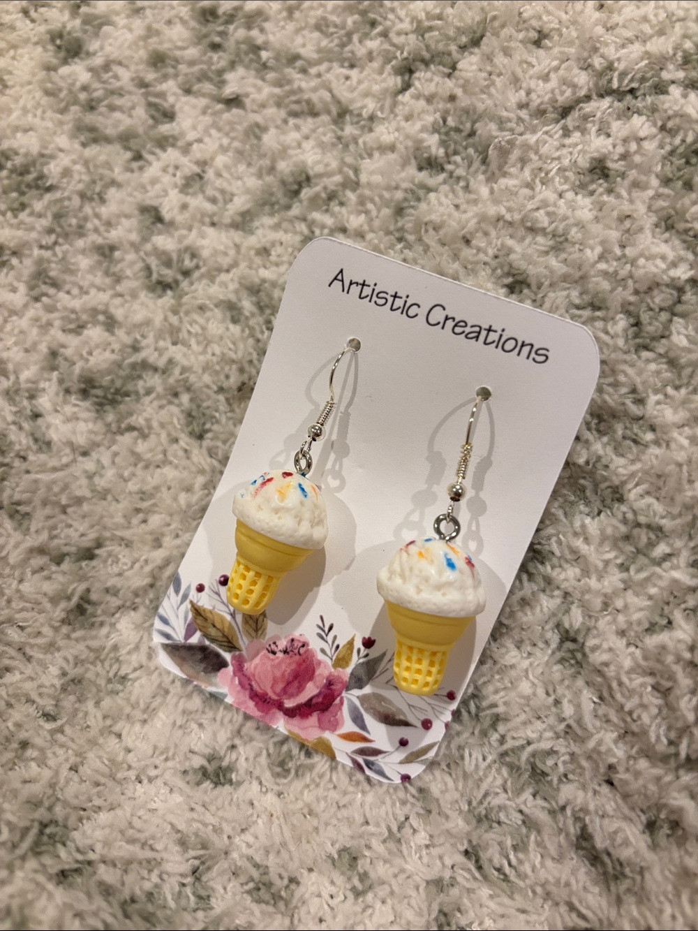 Vanilla Ice Cream Cone with Sprinkles Pierced Earrings NWT Handcrafted 1.75”